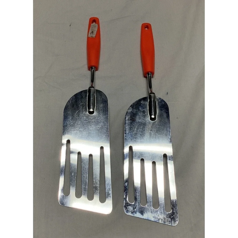 Vintage Foley Long Spatula Orange Handle 12.5 Inch 4 Slot Set of 2 USA Made